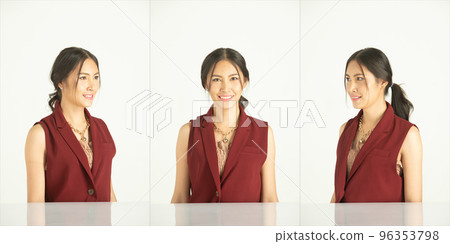 Half body 20s Asian business office Woman wear formal burgundy dress. Black long straight hair female feel happy smile fashion vintage poses emotion over white background collage isolated 96353798