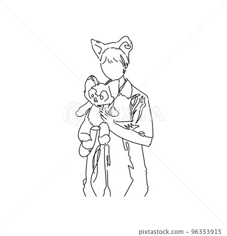 貓女與可愛毛絨玩具合影簡單插畫 貓女與可愛毛絨玩具合影簡單插畫 96353915