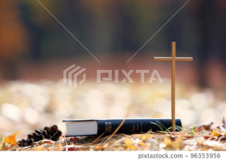 The cross of Jesus Christ and a bible on top of a pile of maple leaves in a beautiful autumn forest with falling leaves The cross of Jesus Christ and a bible on top of a pile of maple leaves in a beautiful autumn forest with falling leaves 96353956