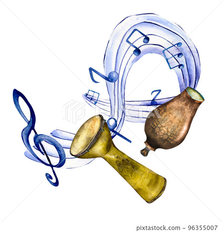 Treble clef, musical notes and conga watercolor illustration on white. Treble clef, musical notes and conga watercolor illustration on white. 96355007