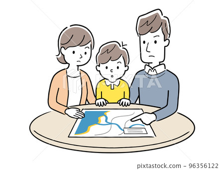 Vector illustration material: Family checking the evacuation place in the event of a disaster with a hazard map 96356122