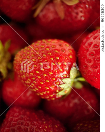 Juicy red strawberries with green leaves close-up 96356309