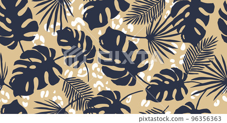 Tropical leaves seamless pattern. Leopard spots. Botanical background. Sun-scorched leaves. Vector pattern for printing on fabric and paper.  Tropical leaves seamless pattern. Leopard spots. Botanical background. Sun-scorched leaves. Vector pattern for printing on fabric and paper.  96356363