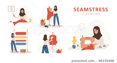 Sewing concept. Islamic woman seamstress sews, cuts, takes measurements and streams clothes. Fashion designer or dressmaker. Vector illustration in flat cartoon style. Hobby concept 96356986