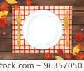 Colored pencil, watercolor, hand-drawn style, tableware and natural wood table autumn dining table illustration 96357050