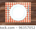 Colored pencil, watercolor, hand-drawn style, illustration of natural wood table and tableware 96357052