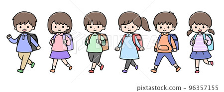 六名小學生背著五顏六色的書包走路 96357155