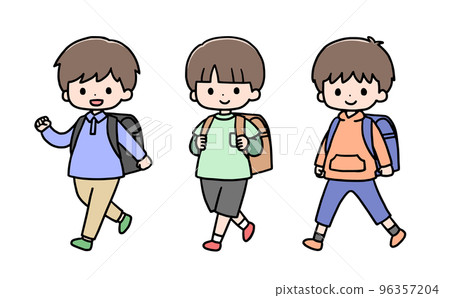三個男孩背著五顏六色的書包走路 三個男孩背著五顏六色的書包走路 96357204