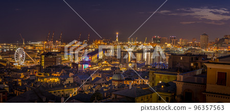 Genoa, Italy - 09 19 2020: Genoa harbor from Spianata Castelletto. 96357563