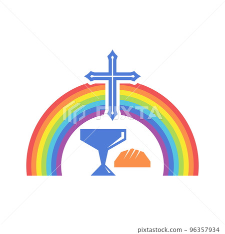 Biblical illustration. Jesus cross, symbols of the sacrament and rainbow of the covenant. 96357934