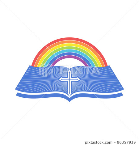 Biblical illustration. An open bible and a rainbow of the covenant. 96357939