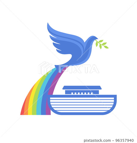 Biblical illustration. The ark of salvation and a dove with an olive branch. 96357940