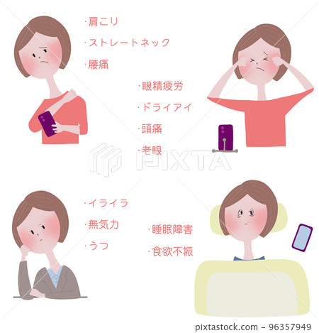 四幅插圖描繪了年輕女性智能手機成癮的各種症狀 四幅插圖描繪了年輕女性智能手機成癮的各種症狀 96357949