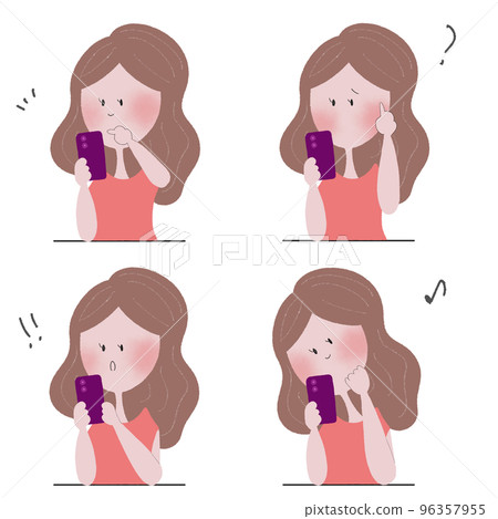 A set of four illustrations of a young woman who expresses various emotions by operating a smartphone 96357955