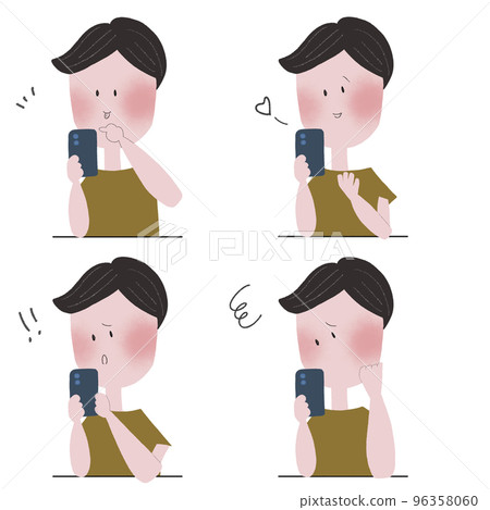A set of four illustrations of a young man who expresses various emotions by operating a smartphone A set of four illustrations of a young man who expresses various emotions by operating a smartphone 96358060