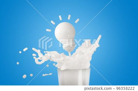 3d milk or yogurt ripple splash in the glass with light bulb isolated on blue background. idea tip concept, 3d render illustration, include clipping path 3d milk or yogurt ripple splash in the glass with light bulb isolated on blue background. idea tip concept, 3d render illustration, include clipping path 96358222