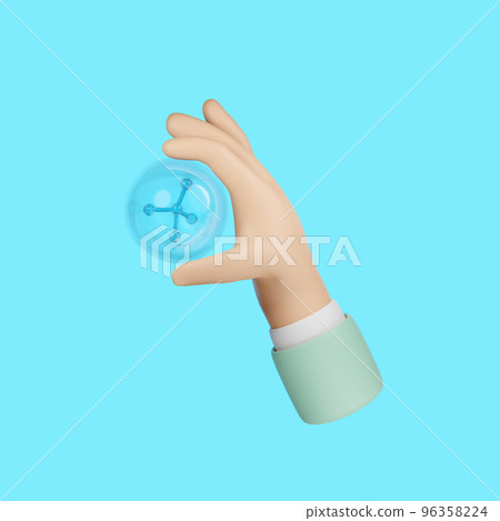 3d hands holding water molecule or atom for science isolated on blue background. Abstract structure chemical, liquid bubble, 3d render illustration 3d hands holding water molecule or atom for science isolated on blue background. Abstract structure chemical, liquid bubble, 3d render illustration 96358224