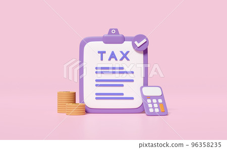 3d check list with clipboard, check mark, money dollar coin stack, calculator, tax isolated on pink background. saving money concept, 3d render illustration 96358235
