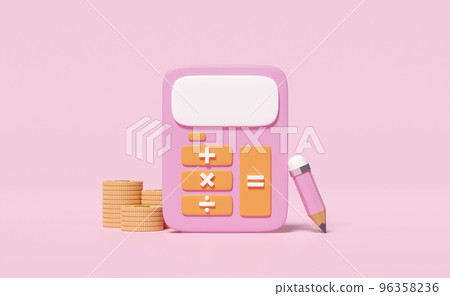 3d pink calculator icon with money dollar coin stack for accounting finance, pencil isolated on pink background. screen template minimal, saving money concept, 3d render illustration 96358236