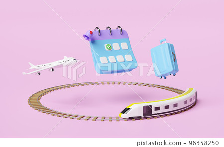 calendar with suitcase, sky train transport toy 3d, plane, checkmark icon, marked date, notification bell isolated on pink. schedule appointment, summer travel train, itinerary, 3d render illustration 96358250