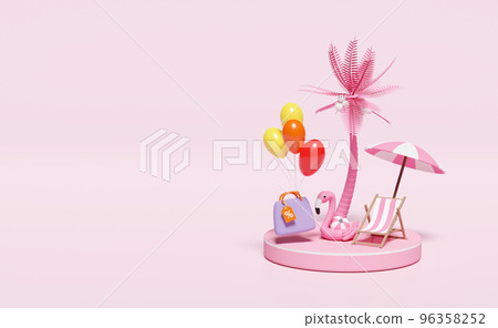 3d beach chair, balloon, flamingo, palm tree, shopping paper bags, umbrella, stage podium isolated on pink background. online shopping summer discount sales concept, 3d render illustration 96358252