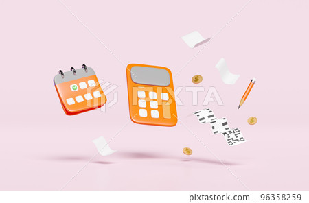3d orange calculator float with calender, bill receipt paper, dollar money coins, pencil isolated on pink background. invoice, electronic bill, minimal concept, 3d render illustration 3d orange calculator float with calender, bill receipt paper, dollar money coins, pencil isolated on pink background. invoice, electronic bill, minimal concept, 3d render illustration 96358259