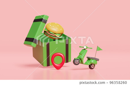 3d delivery scooter and green food box with burger or hamburger, pin, flag isolated on pink background. express food delivery service concept, 3d render illustration 3d delivery scooter and green food box with burger or hamburger, pin, flag isolated on pink background. express food delivery service concept, 3d render illustration 96358260