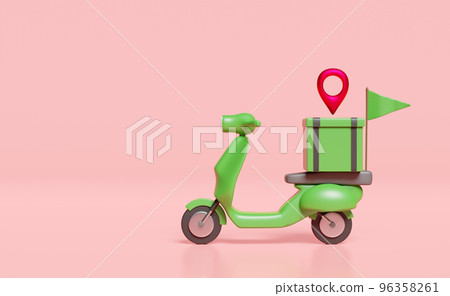 3d delivery green scooter and food box with pin, flag isolated on pink background. express food delivery service concept, 3d render illustration 3d delivery green scooter and food box with pin, flag isolated on pink background. express food delivery service concept, 3d render illustration 96358261
