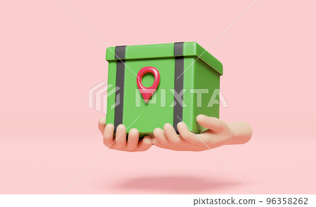 3d hand holding green food box float with pin isolated on pink background. express food delivery service concept, 3d render illustration 3d hand holding green food box float with pin isolated on pink background. express food delivery service concept, 3d render illustration 96358262