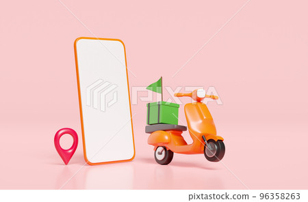 3d delivery orange scooter, green food box with smartphone, mobile phone, pin, flag isolated on pink background. phone template, cellphone mockup, express food delivery service concept, 3d render 3d delivery orange scooter, green food box with smartphone, mobile phone, pin, flag isolated on pink background. phone template, cellphone mockup, express food delivery service concept, 3d render 96358263