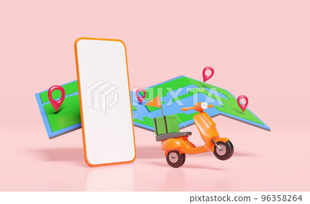 3d delivery orange scooter, green food box with smartphone, mobile phone, pin, map isolated on pink background. phone template, cellphone mockup, express food delivery service concept, 3d render 3d delivery orange scooter, green food box with smartphone, mobile phone, pin, map isolated on pink background. phone template, cellphone mockup, express food delivery service concept, 3d render 96358264