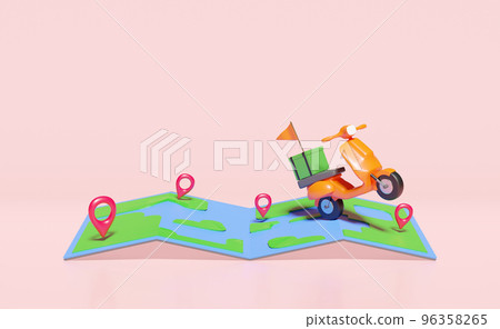 3d delivery orange scooter, green food box with pin, map, flag isolated on pink background. phone template, cellphone mockup, express food delivery service concept, 3d render 3d delivery orange scooter, green food box with pin, map, flag isolated on pink background. phone template, cellphone mockup, express food delivery service concept, 3d render 96358265