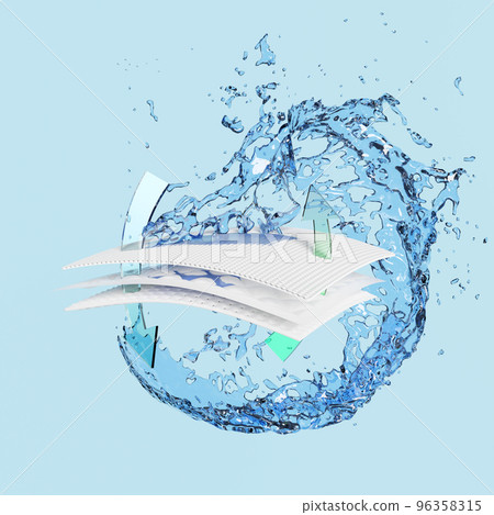 3d ventilate shows water splash transparent for diapers, synthetic fiber hair absorbent layer with sanitary napkin, baby diaper adult concept, 3d render illustration 3d ventilate shows water splash transparent for diapers, synthetic fiber hair absorbent layer with sanitary napkin, baby diaper adult concept, 3d render illustration 96358315