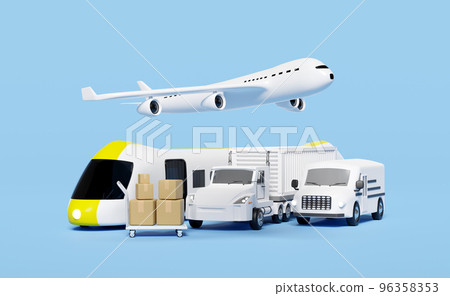land transport concept, 3d worldwide shipping with truck delivery van, plane, sky train transport isolated on blue background. service, transportation, air cargo trucking, railway shipping, 3d render 96358353