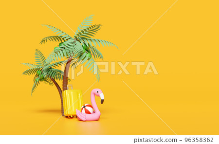 3d summer sea beach with suitcase, Inflatable flamingo, palm tree isolated on yellow background. summer travel concept, 3d render illustration 96358362
