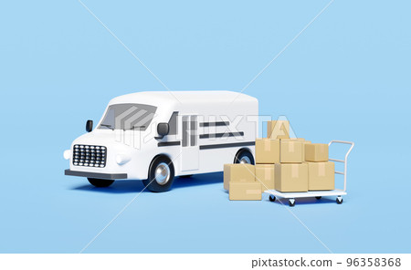 3d delivery van, white truck with packaging, goods cardboard box, platform trolley isolated on blue background. service, transportation, shipping concept, 3d render illustration 96358368