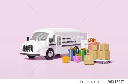 3d white delivery van, truck with gift box, packaging, goods cardboard box, platform trolley isolated on pink background. service, transportation, shipping concept, 3d render illustration 96358371