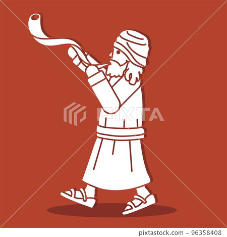 Jewish Blowing the Shofar Kudu Horn Cartoon Graphic Vector 96358408