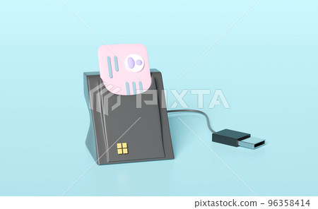 3d smart card reader, external USB card reader, Id card icon isolated on blue background. 3d render illustration 3d smart card reader, external USB card reader, Id card icon isolated on blue background. 3d render illustration 96358414