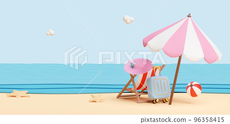 3d summer travel with suitcase, umbrella, ball, beach chair, hat, seaside isolated on blue sky background. 3d render illustration 96358415