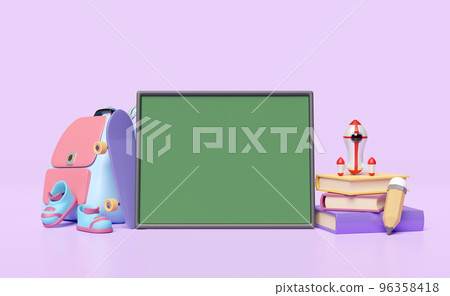 3d back to school with green blackboard, backpack, textbook, close book, sneakers, shoes, school bag, pencil, rocket icon isolated on purple background. education concept, 3d render illustration 96358418