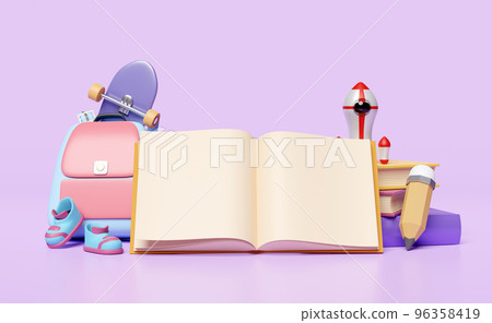 3d open book, back to school with green blackboard, backpack, textbook, sneakers, shoes, school bag, pencil, rocket icon isolated on purple background. education concept, 3d render illustration 96358419