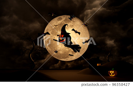 3d halloween pumpkin holiday party with full moon, flying bats, Scared Jack O Lantern and candle light in pumpkin, witch pointed hat, broom under the moonlight for happy halloween, 3d render 3d halloween pumpkin holiday party with full moon, flying bats, Scared Jack O Lantern and candle light in pumpkin, witch pointed hat, broom under the moonlight for happy halloween, 3d render 96358427