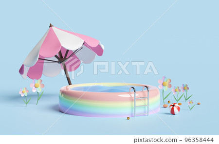 3d inflatable pool with umbrella, beach ball isolated on blue background. summer decorate concept, 3d render illustration 96358444