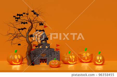 3d halloween pumpkin holiday party with haunted castle, flying bats, Scared Jack O Lantern and candle light in pumpkin for happy halloween, 3d render illustration, isolated on orange background. 3d halloween pumpkin holiday party with haunted castle, flying bats, Scared Jack O Lantern and candle light in pumpkin for happy halloween, 3d render illustration, isolated on orange background. 96358455