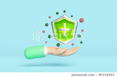 3d bacteria protection, icon for health protection with hand hold green shield, cross, anti germ defence, health insurance, health protected metal shield symbol isolated on blue background. 3d render 96358464