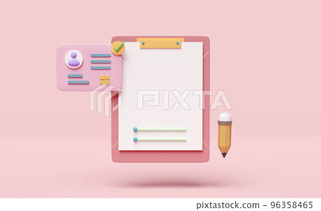 3d Id card with checklist paper, clipboard, pencil isolated on pink background. recruitment staff, human resources, job search, job application, template, concept,  3d render illustration 96358465
