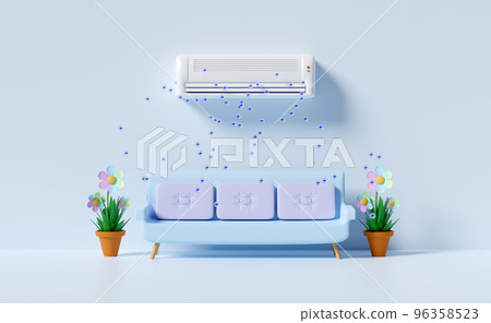 3d air conditioner system with anion, ozone, arrow air flows shows, bench or sofa in room isolated on blue background. 3d render illustration 96358523