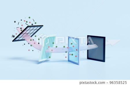 air filter layer and ventilate shows 3d, dust filter layer for air purifier, dehumidifier, misting fans, prevents vapors and odors from chemicals, virus, allergen, 3d render illustration 96358525