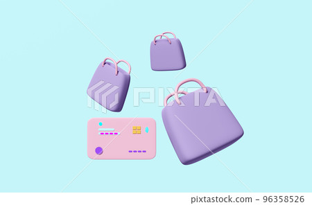 3d shopping paper bag credit card icon isolated on blue background. saving money, electronic payment concept, 3d render illustration 96358526
